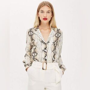 Topshop Snakeskin Print Button Up Shirt Blouse Cream and Black Size 6